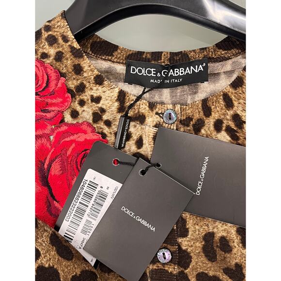 NWT DOLCE & GABBANA Animal Print Leopard Rose Cardigan Brown Red IT 40 S - Picture 7 of 9